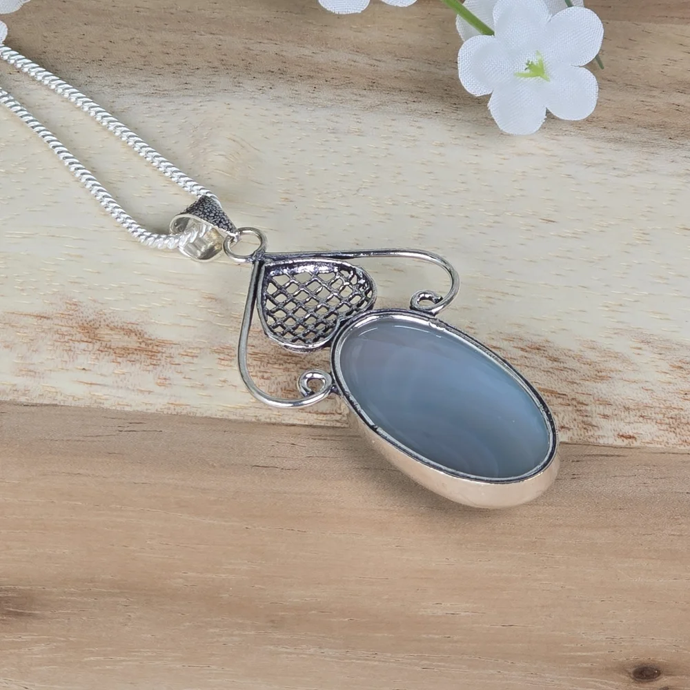 Vintage Style Blue Chalcedony Gemstone Pendant Necklace Country Boho Whimsi New